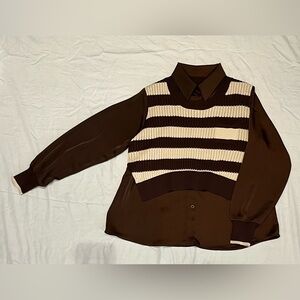Brown S Striped Vest and Satin Long Sleeve Blouse